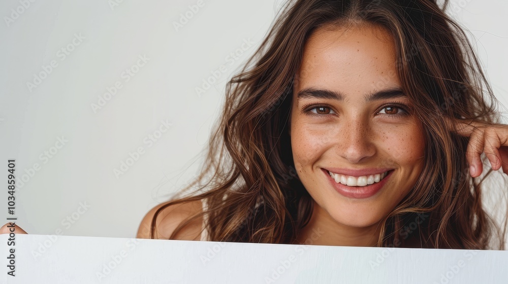 A smiling woman holding a blank sign, showcasing joy and confidence in a bright indoor setting during the daytime A smiling woman holding a blank sign, showcasing joy and confidence in a bright indoor setting during the daytime