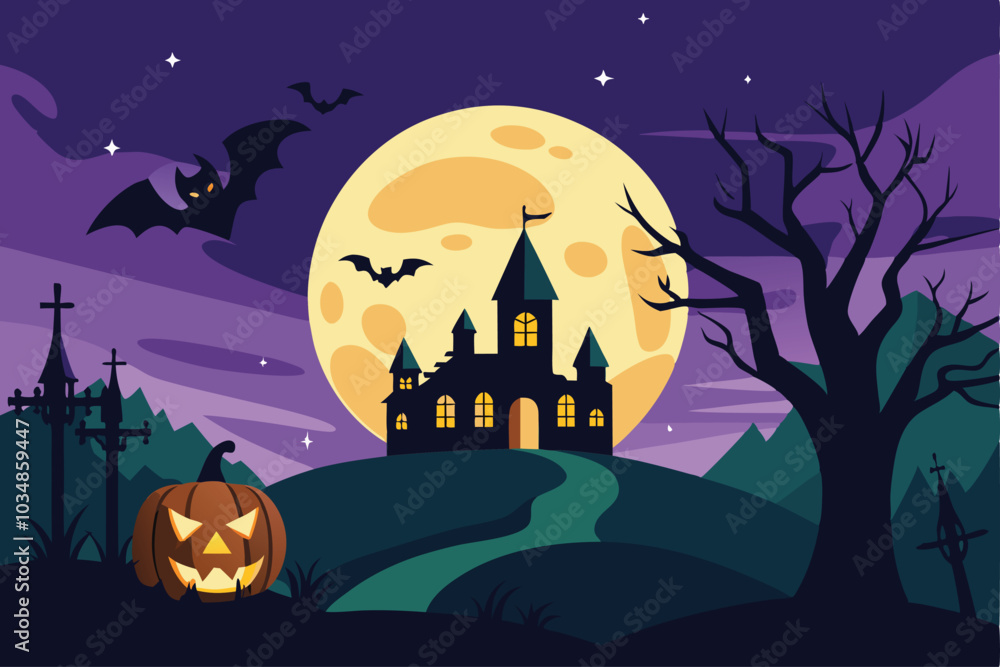 Halloween background with full moon and hunted house - Generative AI Halloween background with full moon and hunted house - Generative AI