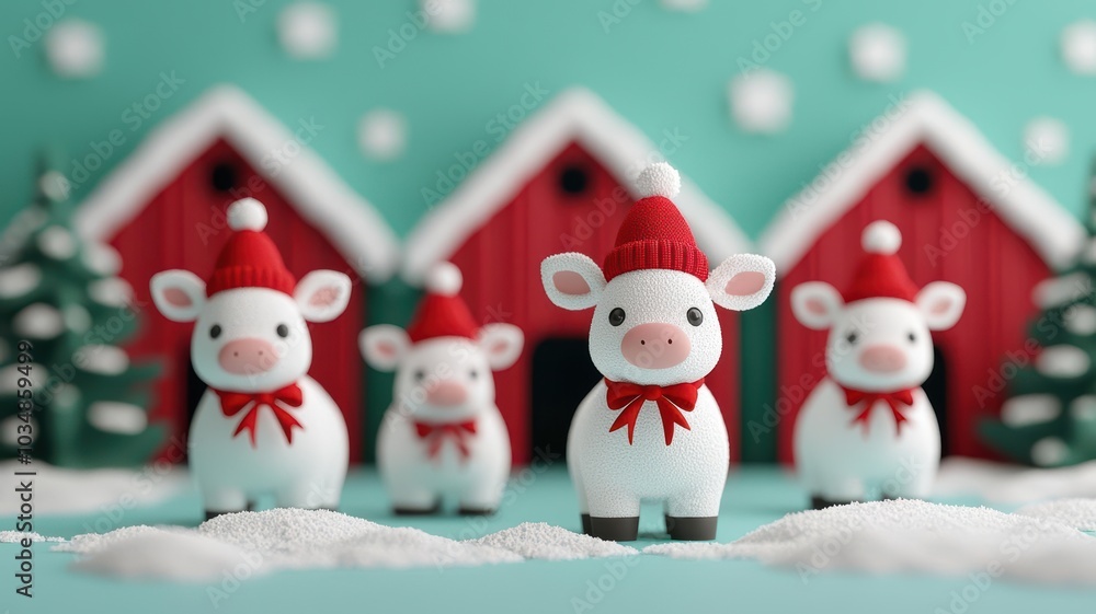 Snowy calves with festive ribbons playing in a frosty barnyard, 3D illustration Snowy calves with festive ribbons playing in a frosty barnyard, 3D illustration