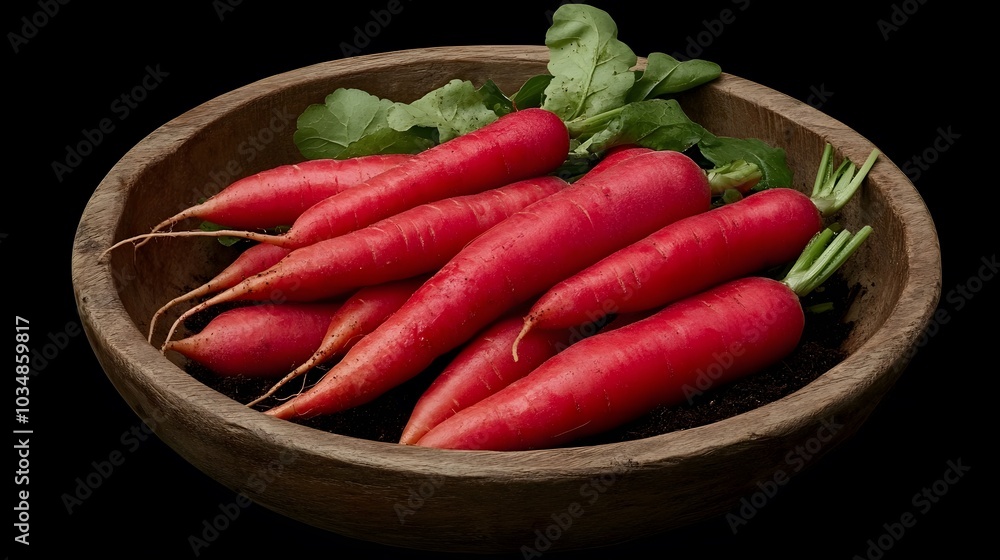 A wooden bowl filled with fresh, vibrant red radishes, accented by green leaves, showcasing the natural appeal of healthy vegetables. A wooden bowl filled with fresh, vibrant red radishes, accented by green leaves, showcasing the natural appeal of healthy vegetables.