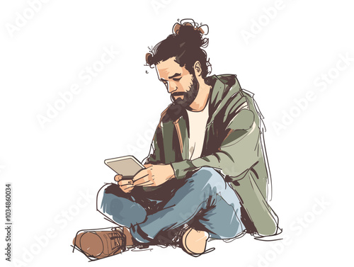 white background, Man practicing digital art or graphic design, very simple and isolate in the style of animated illustrations, white background