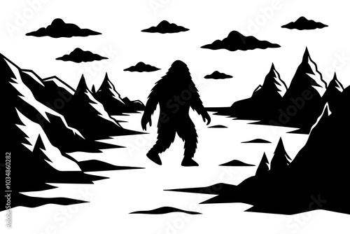 A Bigfoot walking through a wild, rugged landscape of rocks and sparse trees.