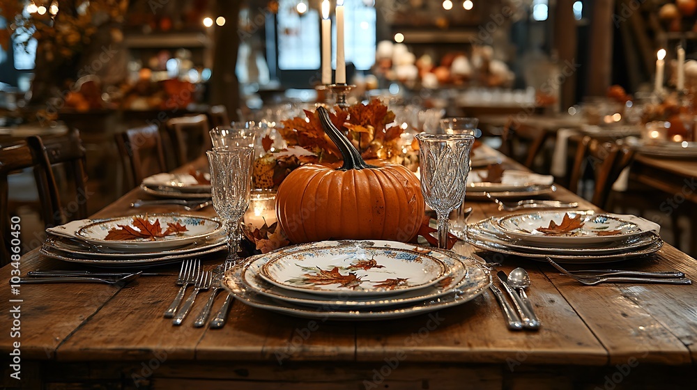 Naklejka premium A festive Thanksgiving table set with pumpkins and autumn leaves as the centerpiece, candles providing warm light, rustic wooden table, elegant cutlery and plates with autumn-themed designs,