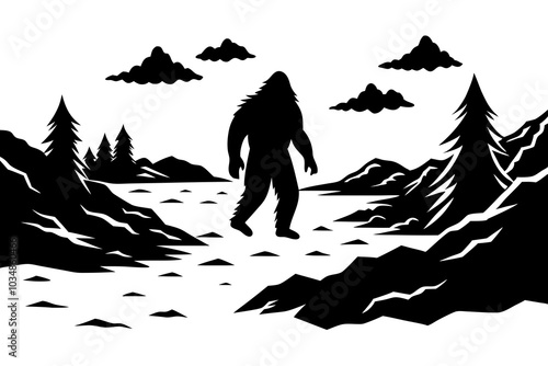 A Bigfoot walking through a wild, rugged landscape of rocks and sparse trees.