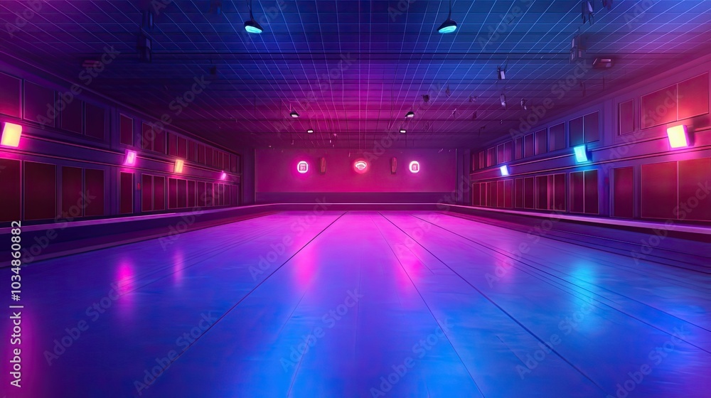 Empty Room with Purple and Blue Neon Lighting and a Grid Ceiling Empty Room with Purple and Blue Neon Lighting and a Grid Ceiling