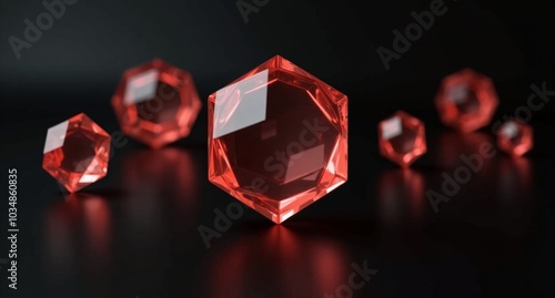 Coral-colored translucent hexagons arranged against a black background, with smooth, reflective surfaces. A highly realistic, detailed 3D render in super HD quality.