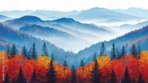 Stunning autumn landscape of mountains surrounded by vibrant, colorful forest foliage