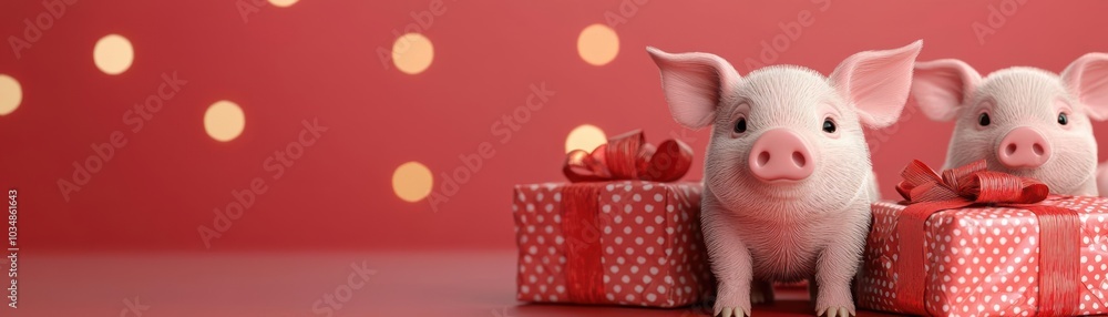 Christmas puppies playing with gift boxes, holiday ribbons, cozy living room, 3D illustration