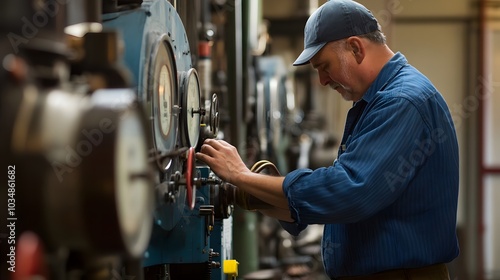 Inside a restored historical hydroelectric plant, an engineer checks the water pressure gauges and mechanical systems