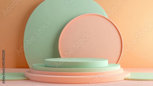 Abstract 3D Render of Pastel Green and Peach Circular Platforms
