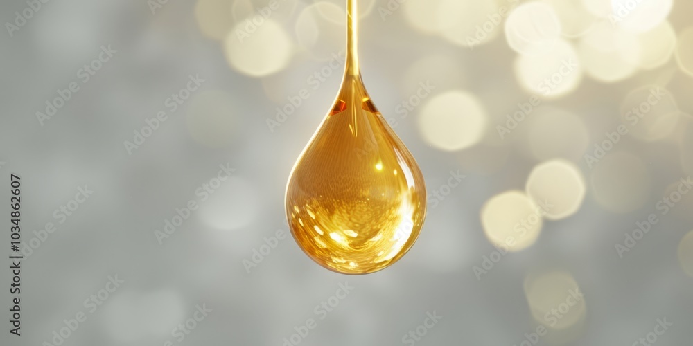 A golden oil droplet suspended in mid-air, reflecting light, and standing out against a dreamy silver bokeh background, symbolizing purity, health, and nourishment. A golden oil droplet suspended in mid-air, reflecting light, and standing out against a dreamy silver bokeh background, symbolizing purity, health, and nourishment.