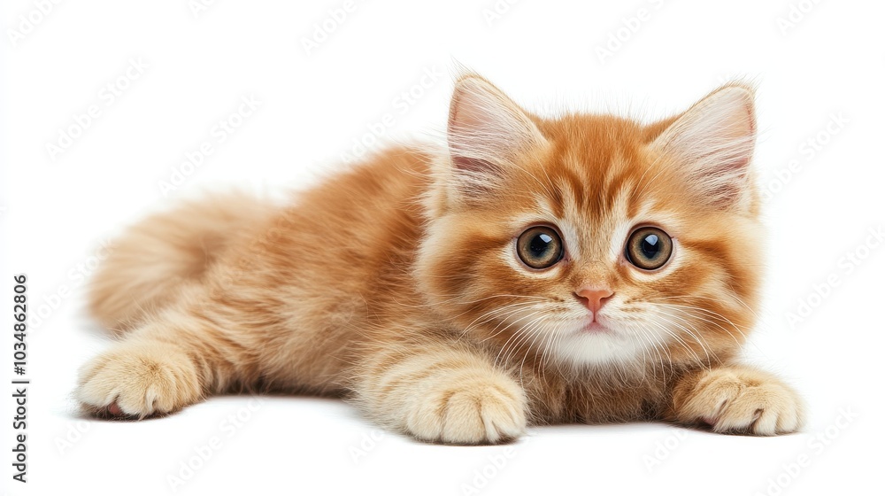 Adorable Fluffy Orange Kitten with Big Eyes Lying Down on White Background, Perfect for Pet Lovers and Animal-Themed Projects Adorable Fluffy Orange Kitten with Big Eyes Lying Down on White Background, Perfect for Pet Lovers and Animal-Themed Projects