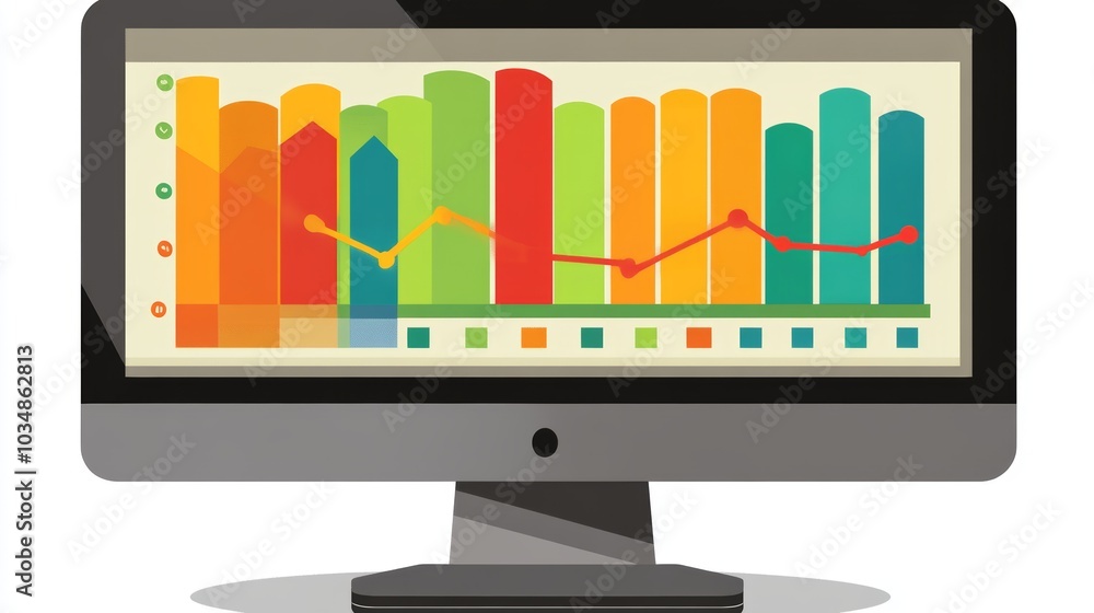 Colorful Bar Chart and Line Graph on Computer Monitor Colorful Bar Chart and Line Graph on Computer Monitor