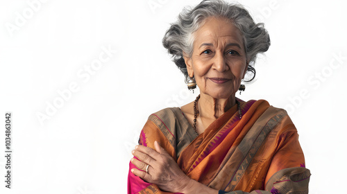 Happy senior indian woman wearing saree standing cross arms isolated over white background, Confident Asian elderly female looking at camera with folded hands