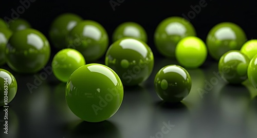 Lime-colored translucent spheres with mirror-like surfaces arranged on a dark background. A detailed, realistic 3D render in super HD quality.