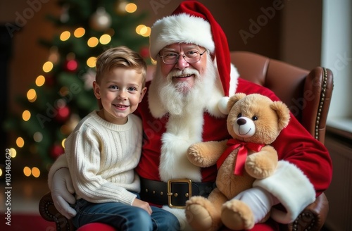 Heartwarming holiday moment with santa and child by christmas tree