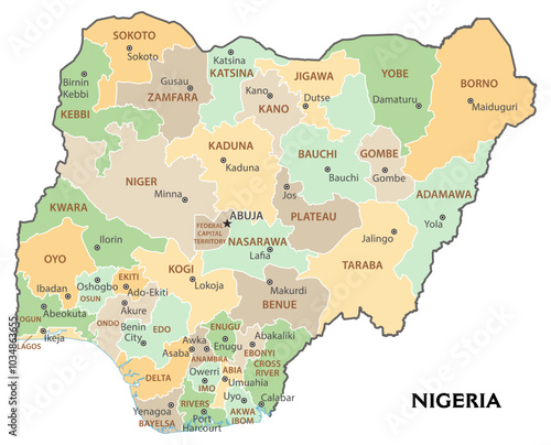 Isolated administrative divisions map of Nigeria