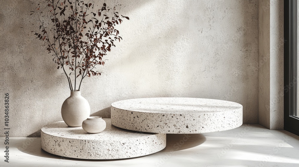 White Concrete Podium with Dried Branch in a Vase and a Small Pot White Concrete Podium with Dried Branch in a Vase and a Small Pot