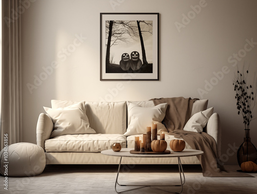 Scandinavian scandi modern minimalist cozy living room interior with fall and halloween decor
 photo