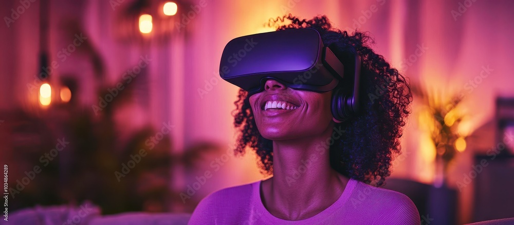 Woman Enjoying Virtual Reality Experience with Headset in Modern Living Room with Ambient Lighting Woman Enjoying Virtual Reality Experience with Headset in Modern Living Room with Ambient Lighting