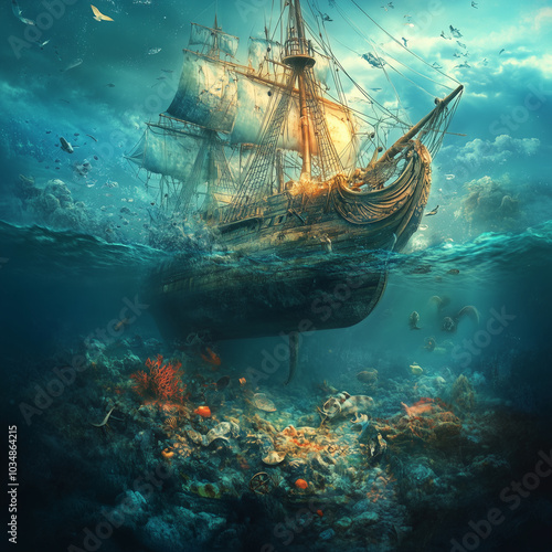 Fototapeta Naklejka Na Ścianę i Meble -  A ship is sinking in the ocean with a lot of debris floating around it. Scene is one of destruction and chaos