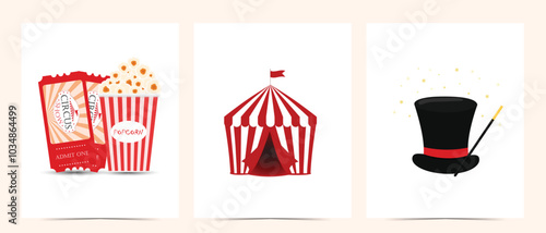 Circus bannerof ticket,red and white stiped tent,popcorn,magic black hat on a white background,vector illustration.