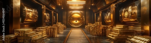 Luxurious Gold Vault with Stacks of Gold Bars and Secure Vault Doors in a High-Tech, Illuminated Environment