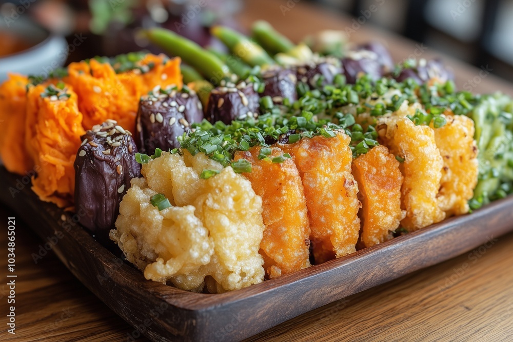 Close-Up of Delicious Traditional Crispy Vegetable Tempura on a Wooden Platter Perfect for Japanese Cuisine Presentations and Menus Close-Up of Delicious Traditional Crispy Vegetable Tempura on a Wooden Platter Perfect for Japanese Cuisine Presentations and Menus
