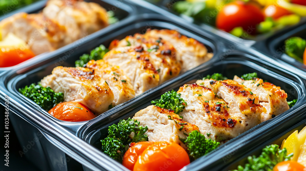 Fresh meal prep containers with grilled chicken breast, steamed broccoli, and roasted cherry tomatoes. Ideal for healthy meal planning and portion control. Fresh meal prep containers with grilled chicken breast, steamed broccoli, and roasted cherry tomatoes. Ideal for healthy meal planning and portion control.