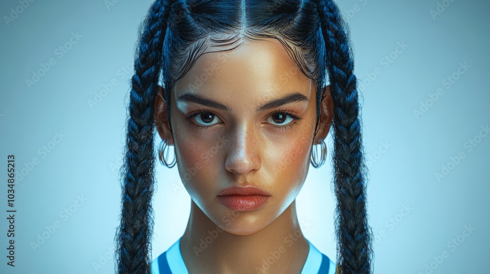Close Up Portrait of Young Woman with Braids and Intense Gaze Close Up Portrait of Young Woman with Braids and Intense Gaze