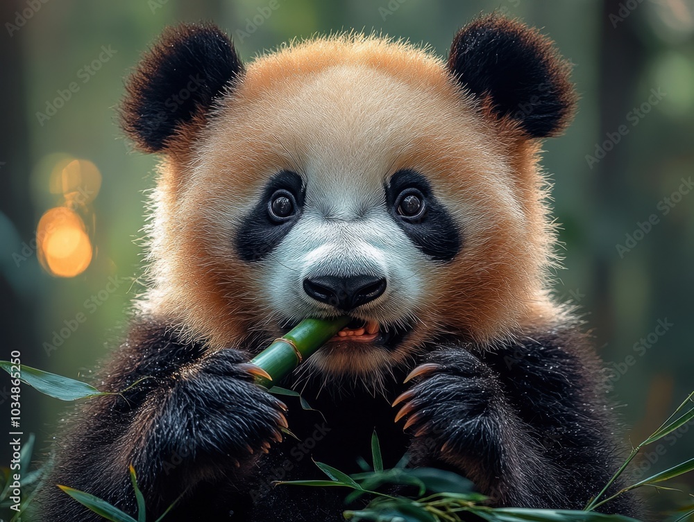 Fototapeta premium Panda Delight, a minimalist artwork showcasing a panda joyfully eating bamboo, emphasizing simplicity and nature's charm.