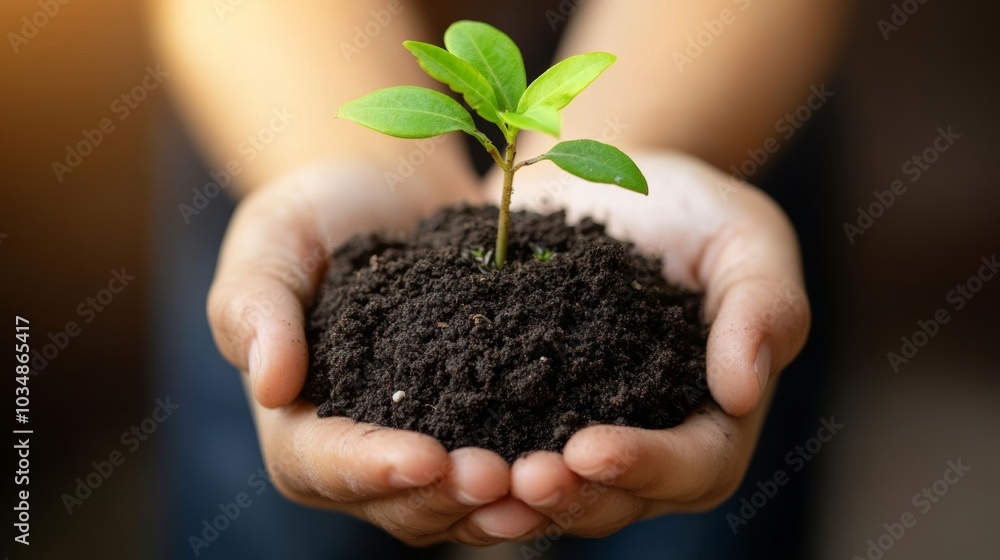 Hands Holding Young Plant Growing in Soil  Sustainability Concept