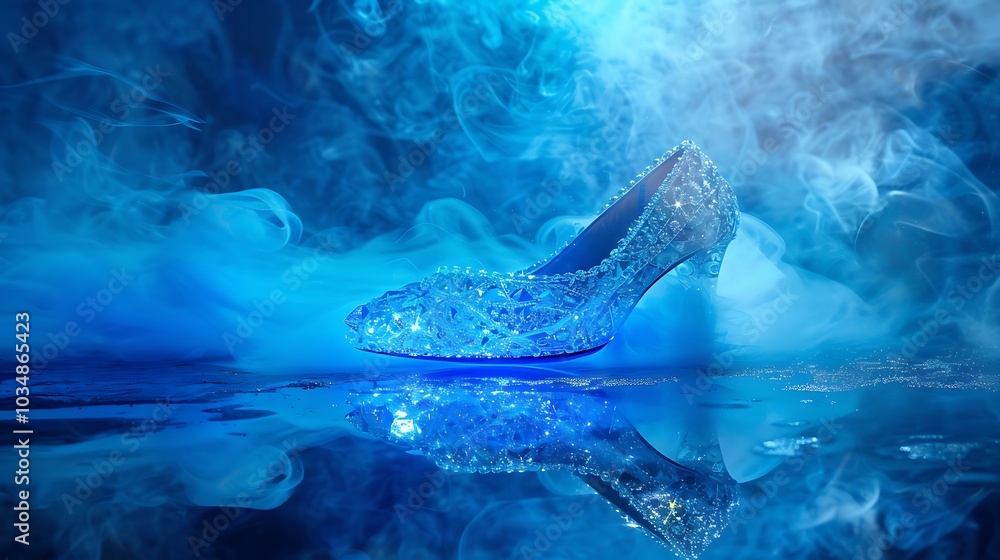 Fototapeta premium A crystal shoes lies on a blue floor that reflects light while blue smoke is seen in the backdrop