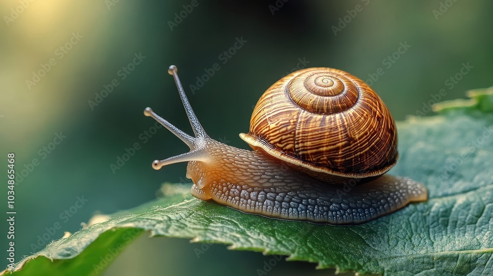 Close-Up of a Garden Snail on a Leaf with Detailed Shell Patterns in Natural Sunlight Close-Up of a Garden Snail on a Leaf with Detailed Shell Patterns in Natural Sunlight