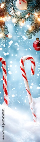 Candy Cane in Snow with Christmas Lights and Ornaments.