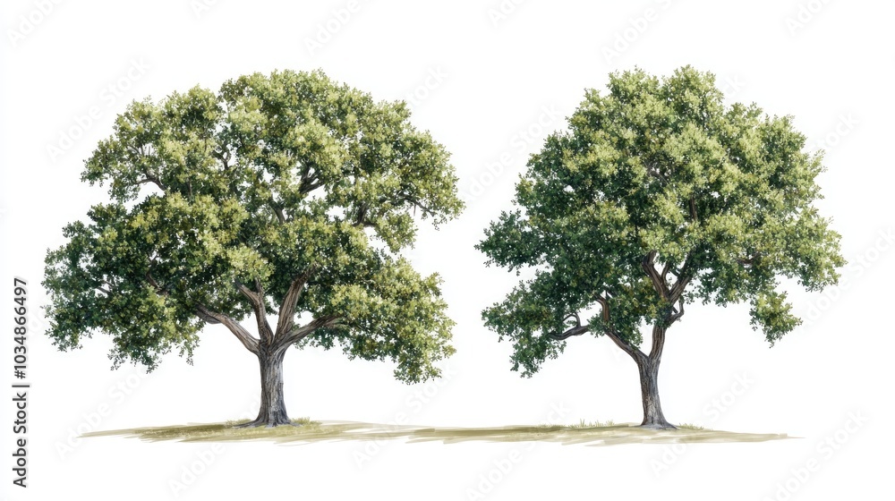 Isolated illustrations of oak trees on a white background Isolated illustrations of oak trees on a white background