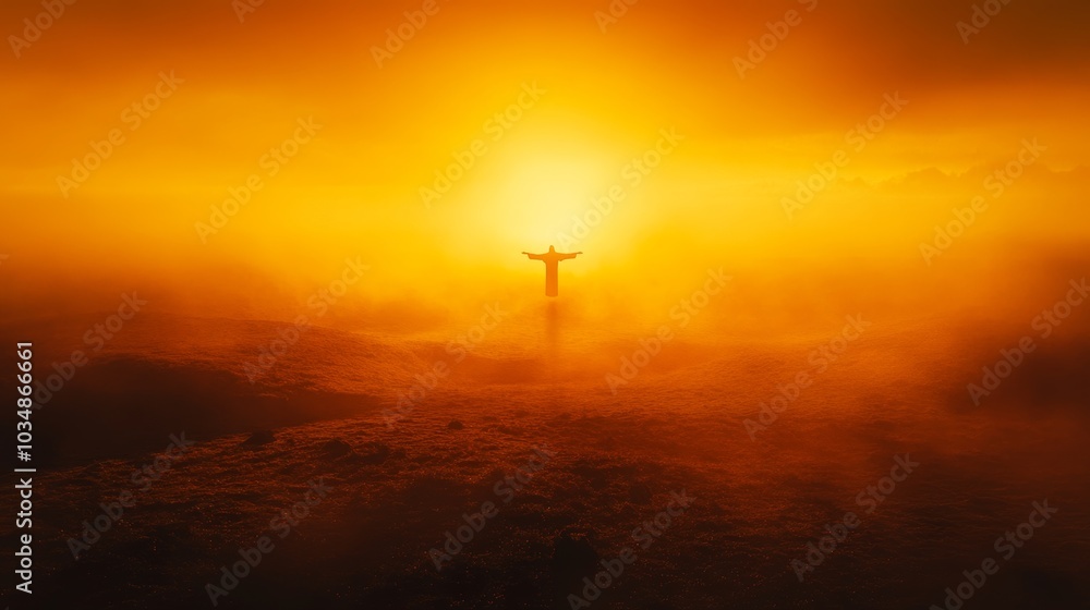 Silhouette of a Man with Arms Outstretched in a Hazy Sunrise Silhouette of a Man with Arms Outstretched in a Hazy Sunrise