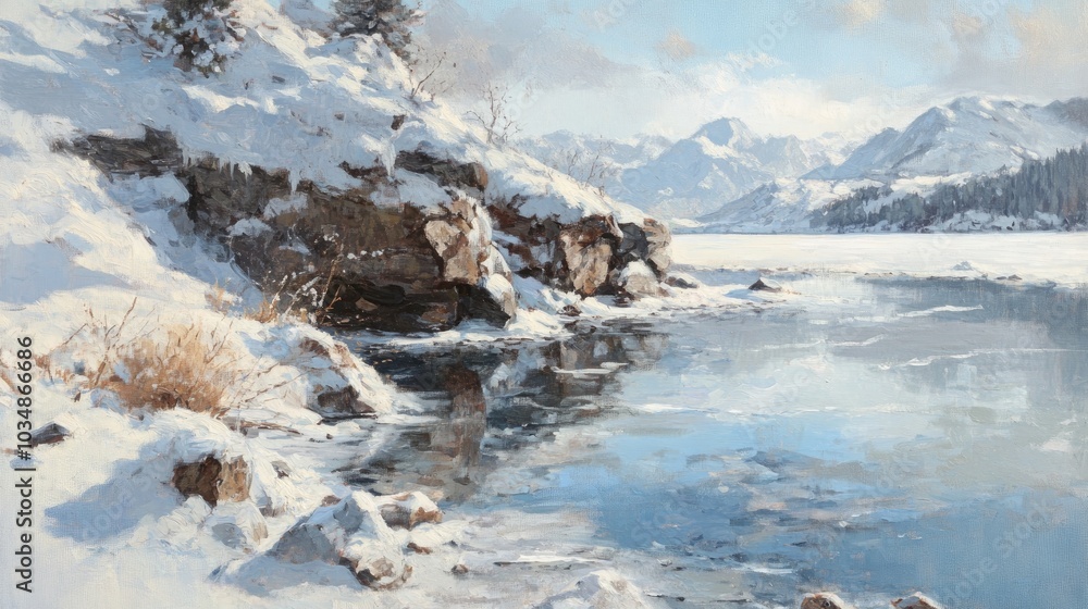 Oil painting depicting fresh snow blanketing a frozen reservoir and its rocky edges on a sunny winter day Frozen water and rugged terrain create a serene winter scene Oil painting depicting fresh snow blanketing a frozen reservoir and its rocky edges on a sunny winter day Frozen water and rugged terrain create a serene winter scene
