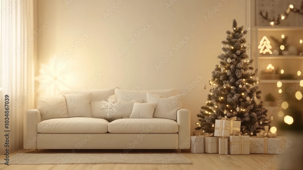 3D rendering of a Scandinavian style living room interior decorated for Christmas featuring a Christmas tree and a white sofa against the wall 3D rendering of a Scandinavian style living room interior decorated for Christmas featuring a Christmas tree and a white sofa against the wall