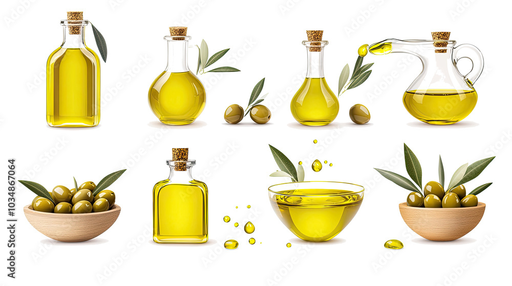 Olive Oil Bottles and Bowls With Olives on White Background Generative AI Olive Oil Bottles and Bowls With Olives on White Background Generative AI