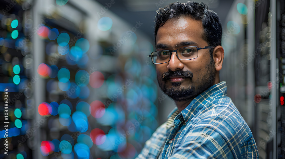 Portrait of Indian engineer tech in computer server room Portrait of Indian engineer tech in computer server room