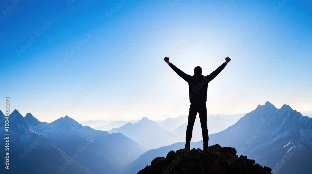 Man Triumphant on Mountain Peak Against Blue Sky Man Triumphant on Mountain Peak Against Blue Sky