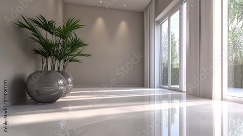 3D rendering of a modern interior with a sleek design and decorative elements