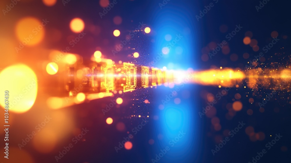 Fototapeta premium Magical golden 3D text on a shiny blue background featuring a night scene with lens flares and dynamic lighting effects