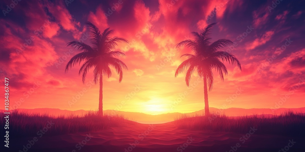 Tropical beach scene featuring two palm trees silhouetted against a vibrant sunset, Tropical beach landscape with palm trees silhouetted by a colorful sunset Tropical beach scene featuring two palm trees silhouetted against a vibrant sunset, Tropical beach landscape with palm trees silhouetted by a colorful sunset