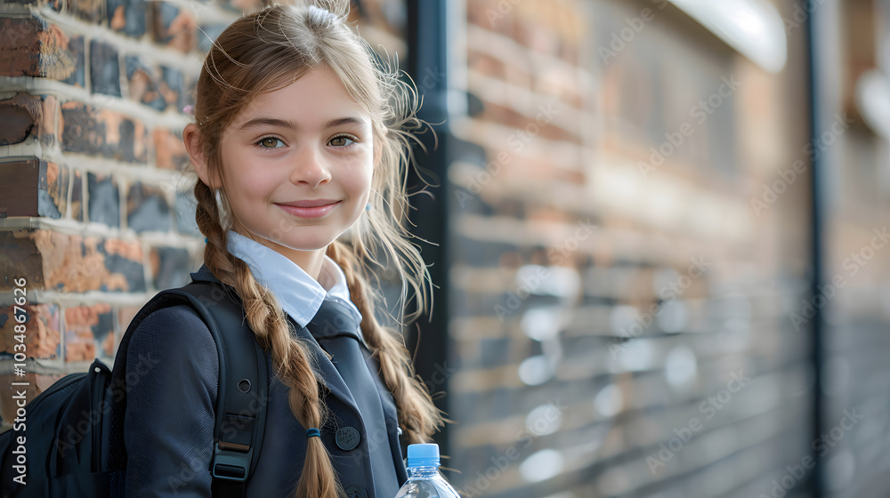 Portrait of schoolgirl in uniform with bag and water bottle Portrait of schoolgirl in uniform with bag and water bottle