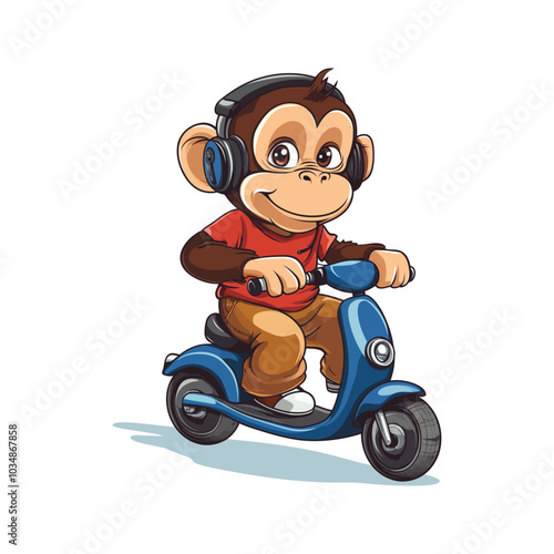 Playful Monkey Riding Bike with Music Headphones Vector Design