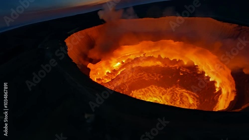 fly-through, high speed video of darvaza gas crater with eerie night glow, revealing the scale of the 