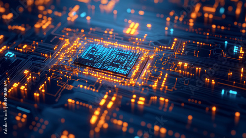 A vibrant and intricate close up of microchip surrounded by glowing circuitry, showcasing beauty of technology and innovation. blue and orange lights create dynamic atmosphere, emphasizing complexity