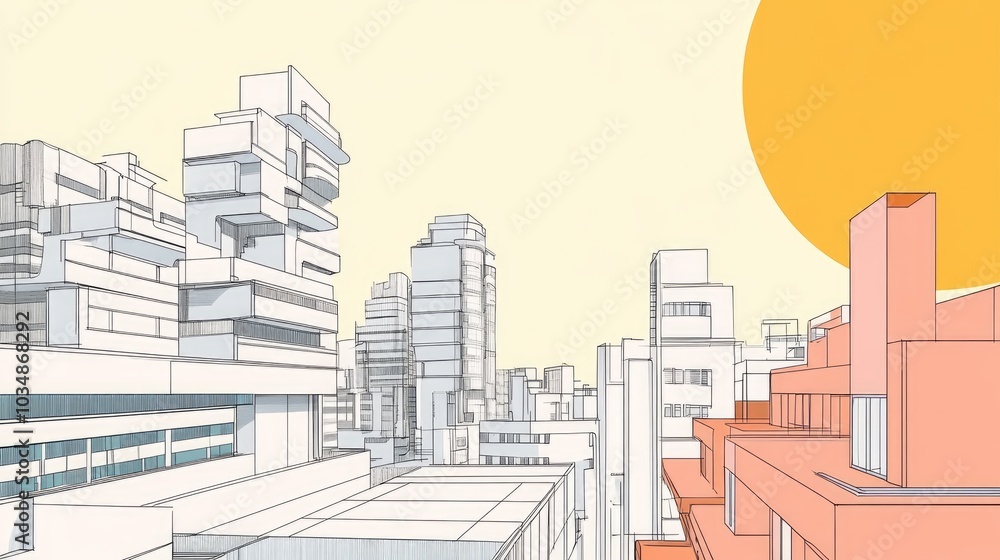 Line art illustration showcasing a conceptual design of urban buildings in a 3D format Line art illustration showcasing a conceptual design of urban buildings in a 3D format